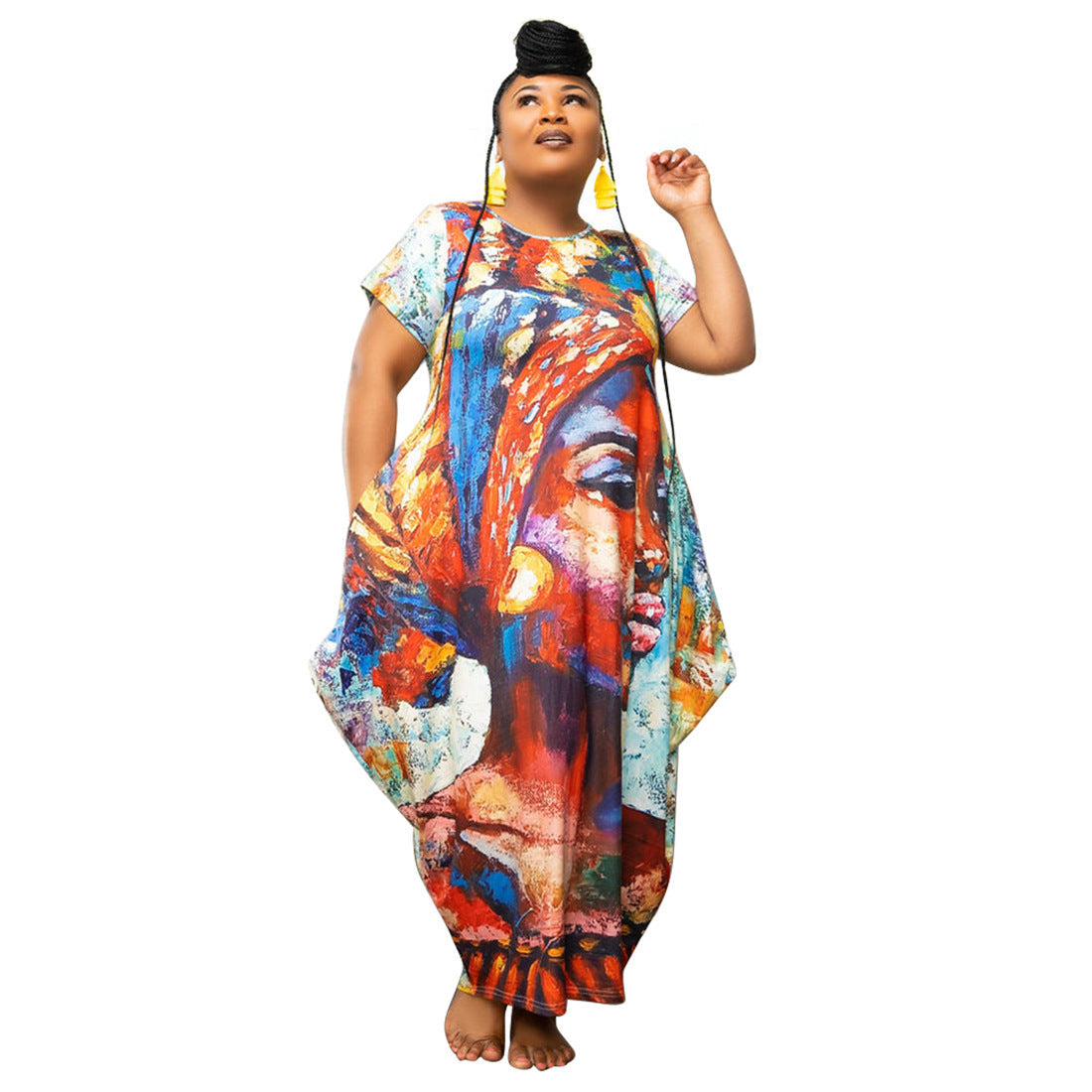 Robe longue décontractée à manches courtes et imprimé graphique style bohème pour femmes, grande taille