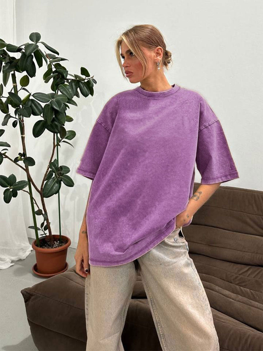 Camiseta informal holgada de manga corta en color liso para mujer