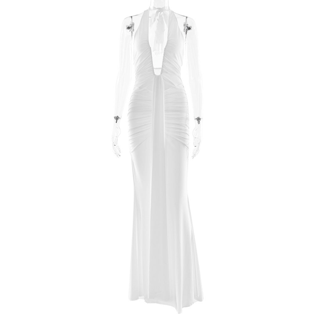 Robe sexy à col licou de couleur unie pour femme
