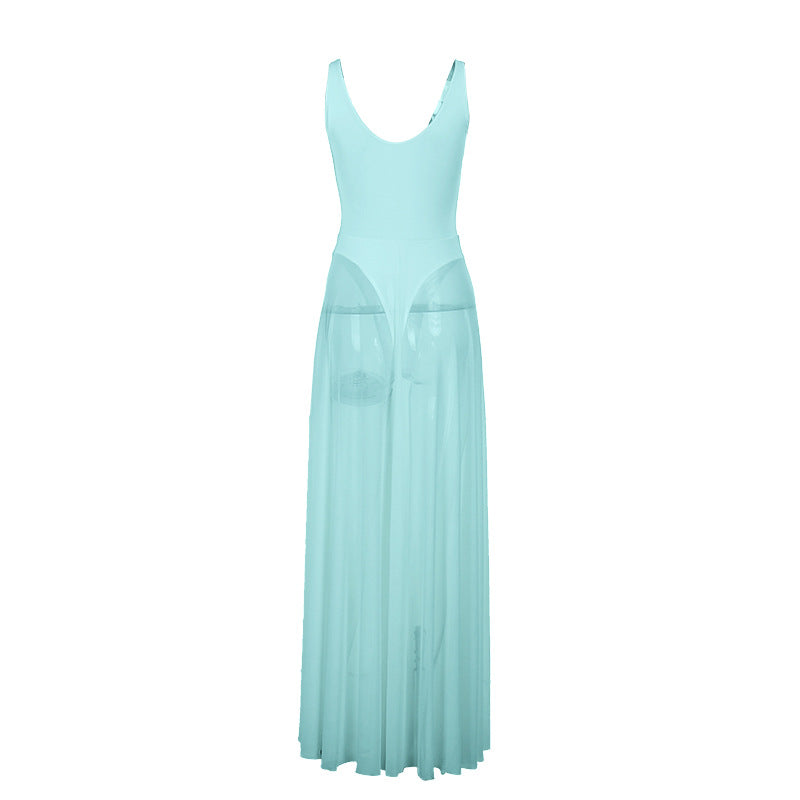 Women Elegant Mesh V-Neck Sleeveless Dress Polyester Slim Fit