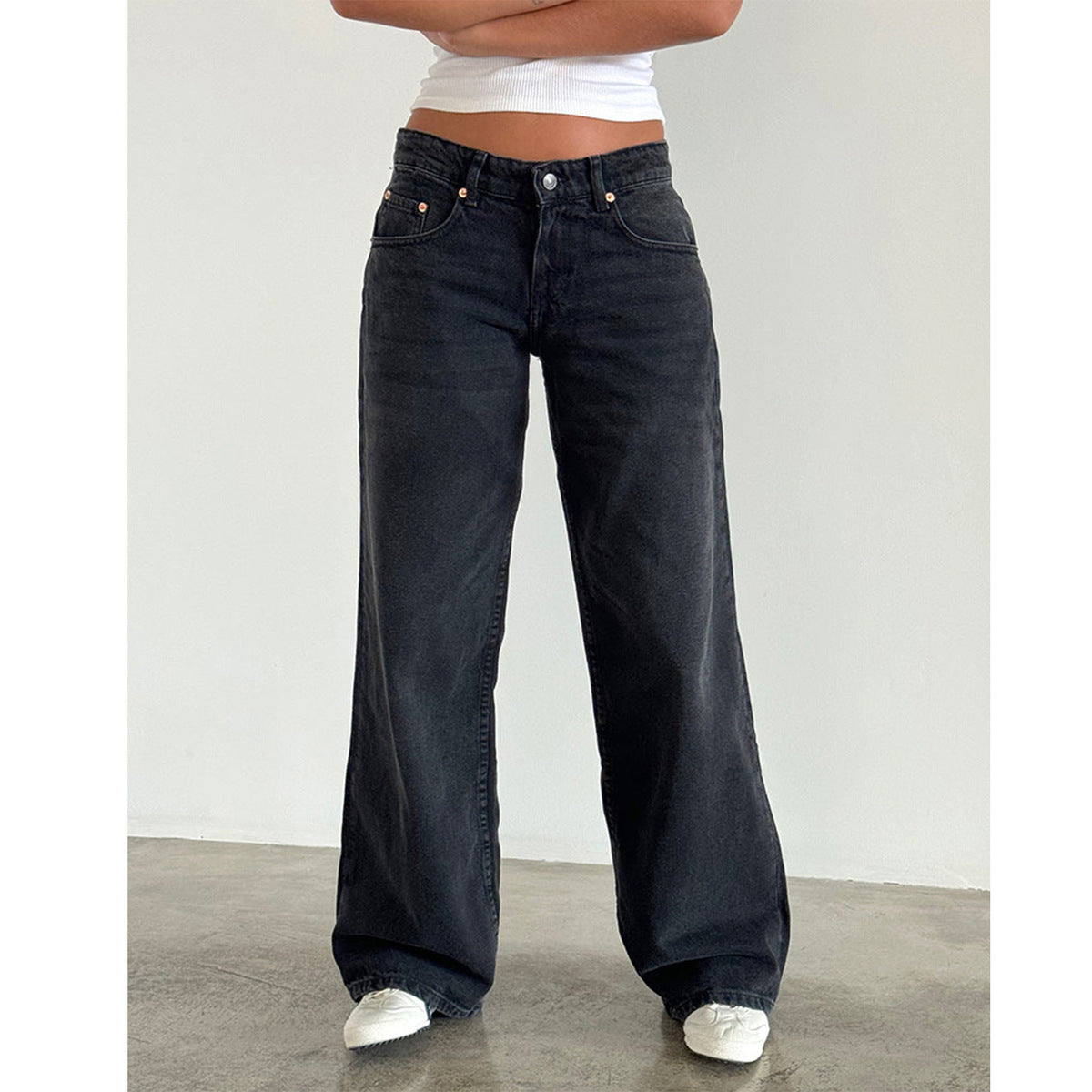 Vaqueros rectos de cintura baja de color liso retro casual para mujer