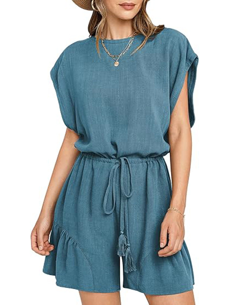 Combinaison décontractée en coton et lin pour femme, couleur unie
