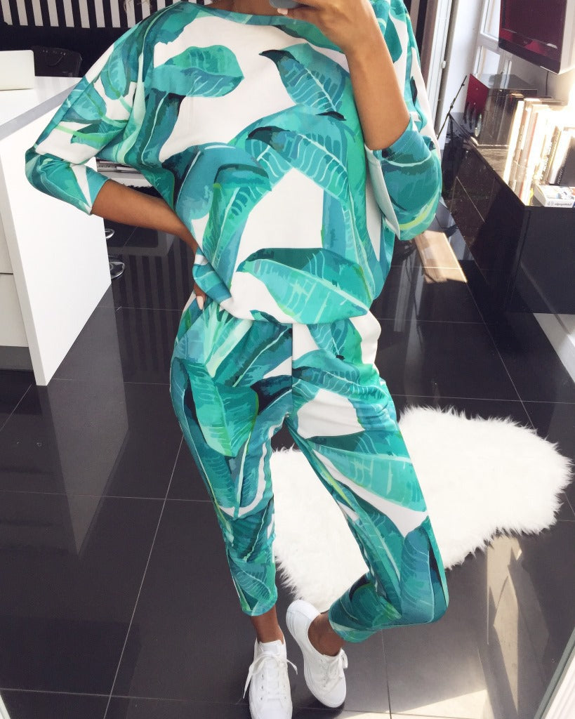 Women Casual Print Long-Sleeve Sweatshirt and Pants Set