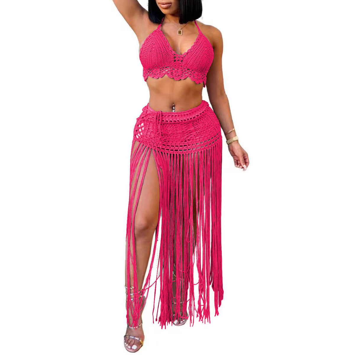 Women Summer Vacation Solid Color Crochet Tassel Coverup Set