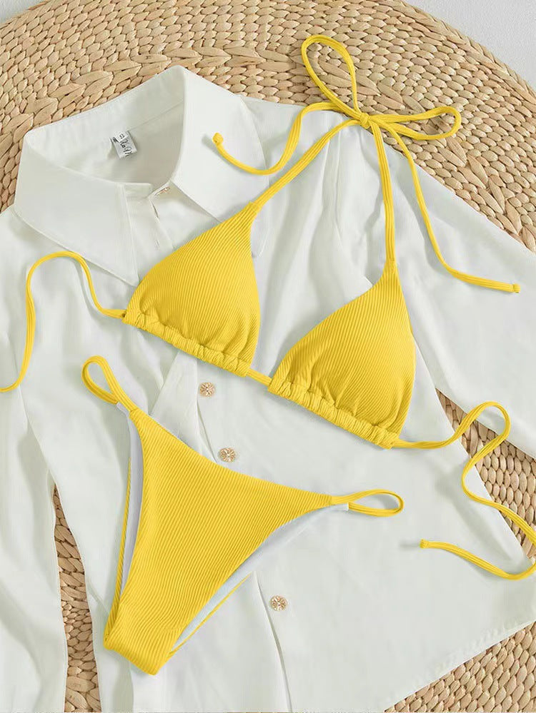 Maillot de bain bikini dos nu sexy et simple de couleur unie pour femmes