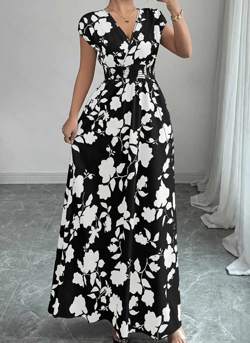 Women Fashion Elegant Floral Printed V-Neck Dress