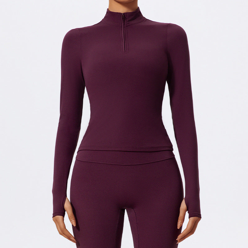 Haut de yoga à manches longues et demi-fermeture éclair pour femme, couleur unie, avec élasthanne