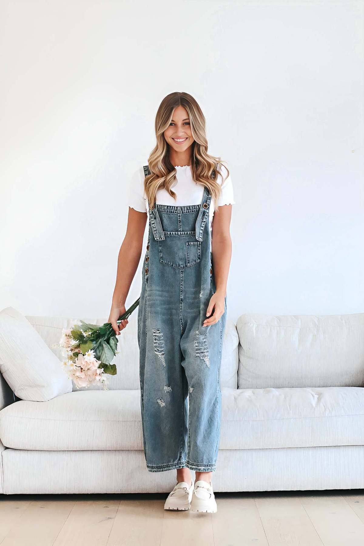 Women Casual Ripped Denim Jumpsuit with Wide Leg Style