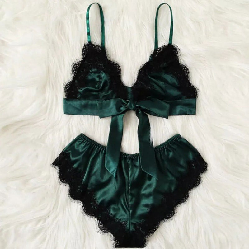 Sexy See-Through Elastic Pajamas Lace Satin Sleepwear Set