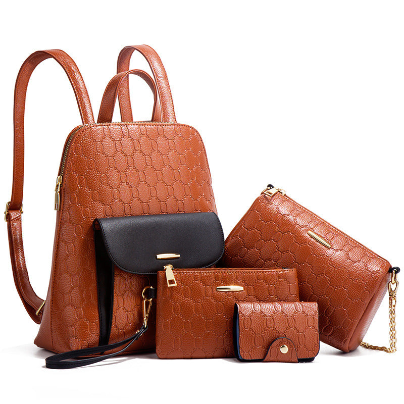 Conjunto de mochila y bolso bandolera con cadena de PU en relieve para mujer