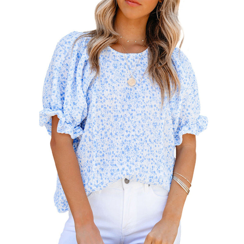 Blusa de cuello redondo con estampado floral de gasa para mujer