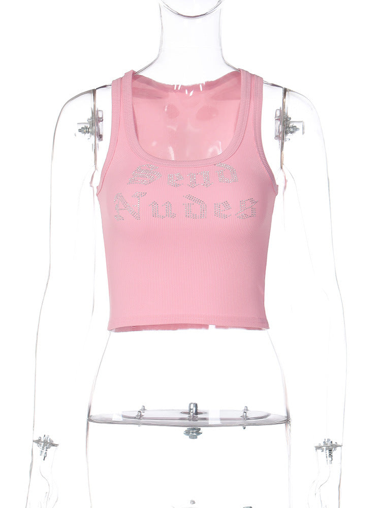 Women's Fashion Letter Rhinestone Sleeveless Cropped Top