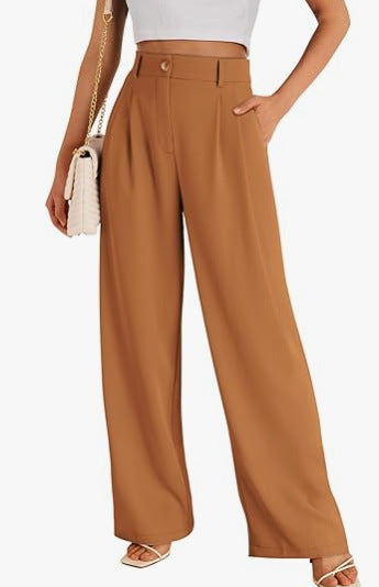 Pantalones casuales de pierna ancha para mujer, estilo poliéster de cintura alta