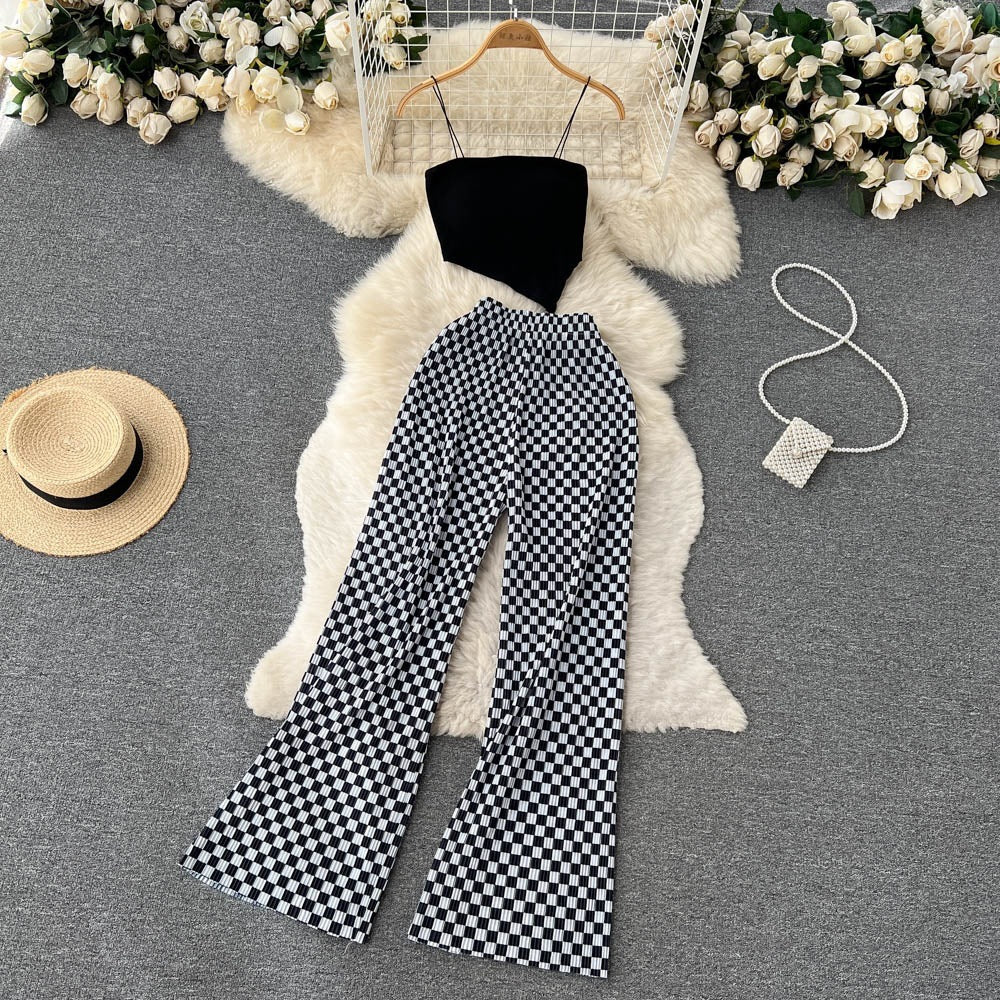 Ensemble deux pièces pour femme, caraco à bretelles spaghetti et pantalon large en tissu mélangé