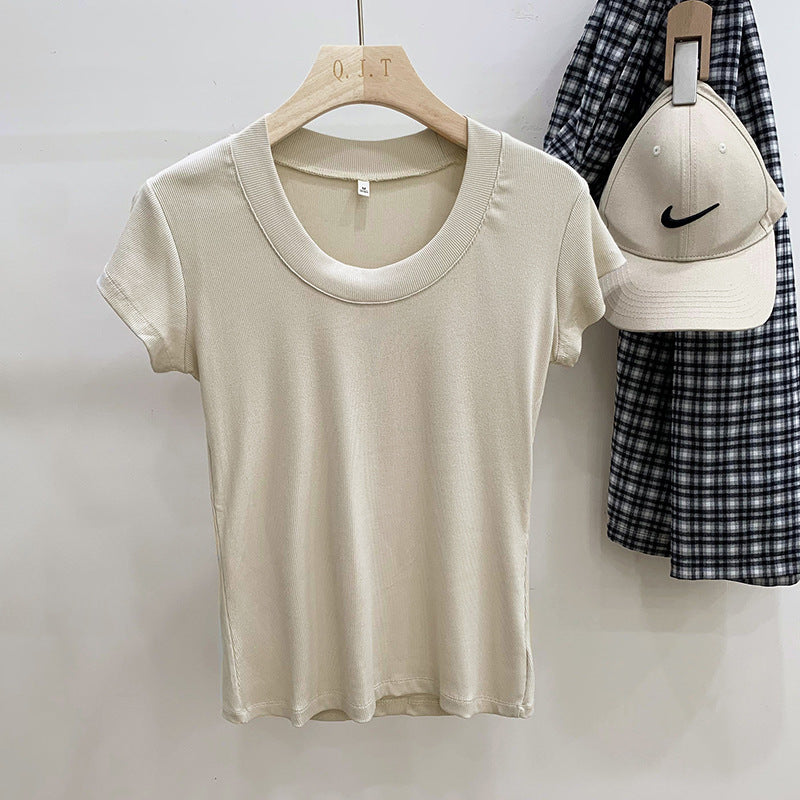 Camiseta sencilla de manga corta con cuello en U y hilo de color liso para mujer