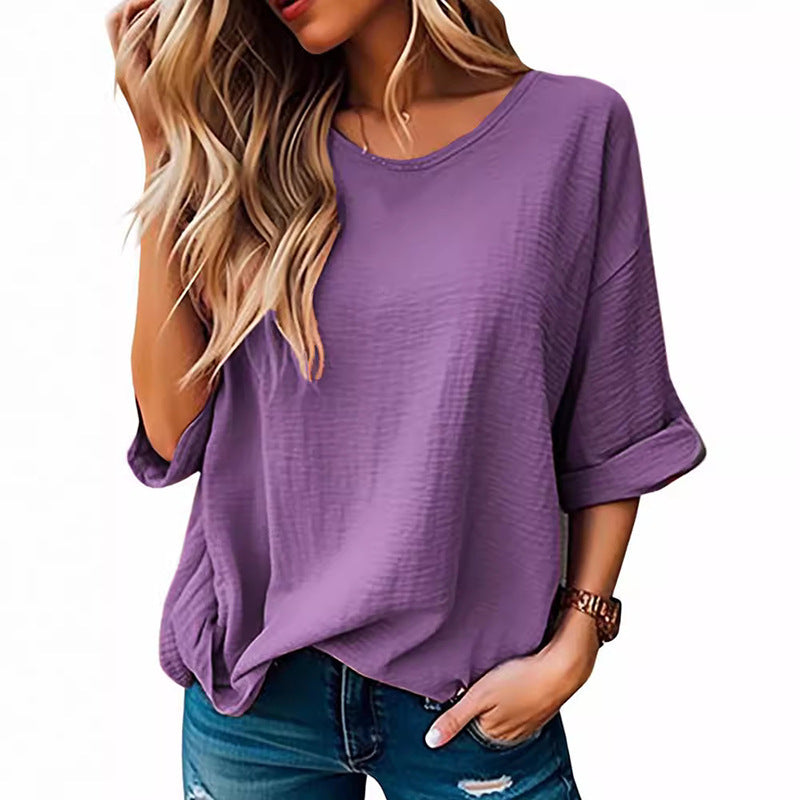T-shirt décontracté à manches courtes en coton et lin pour femme, couleur unie