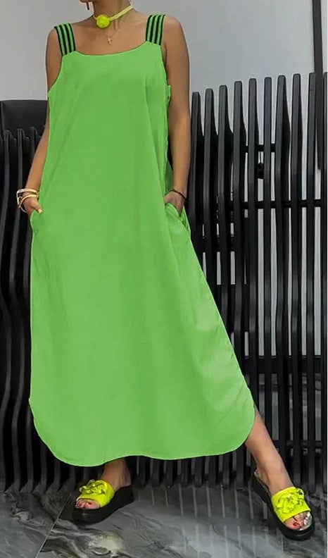 Vestido informal de algodón y lino de color liso para mujer