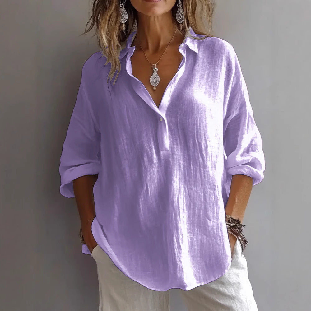 Chemisier à manches longues et col en V pour femme, couleur unie, coupe ample et décontractée, en coton et lin