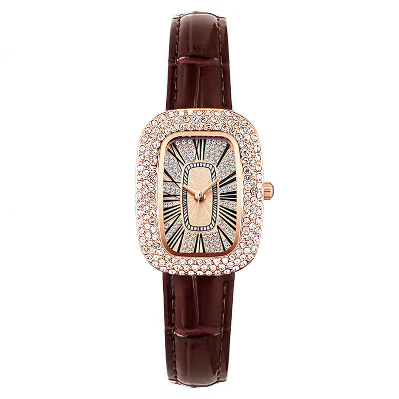 Women Casual Rectangular Rhinestone Watch with Leather Strap