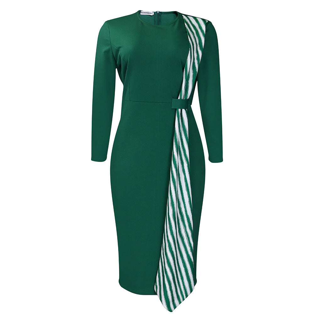 Women Fashion Elegant Plus Size Stitching Long-Sleeve Dress