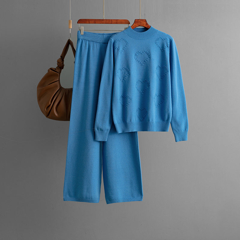 Women Casual Solid Color Long Sleeve Sweater and Pants Set