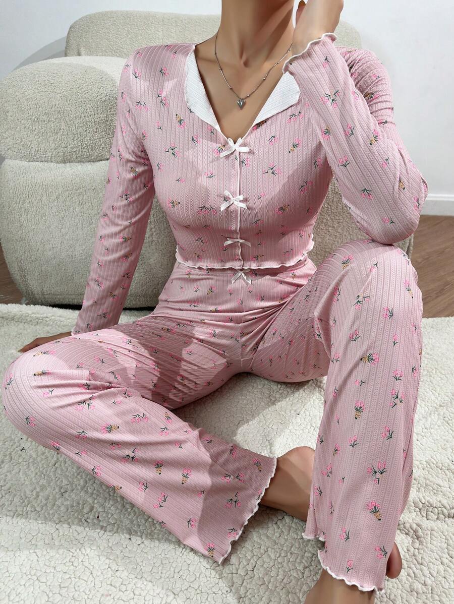 Women Fashion Casual Printed Lapel Long Sleeve Pajamas Set