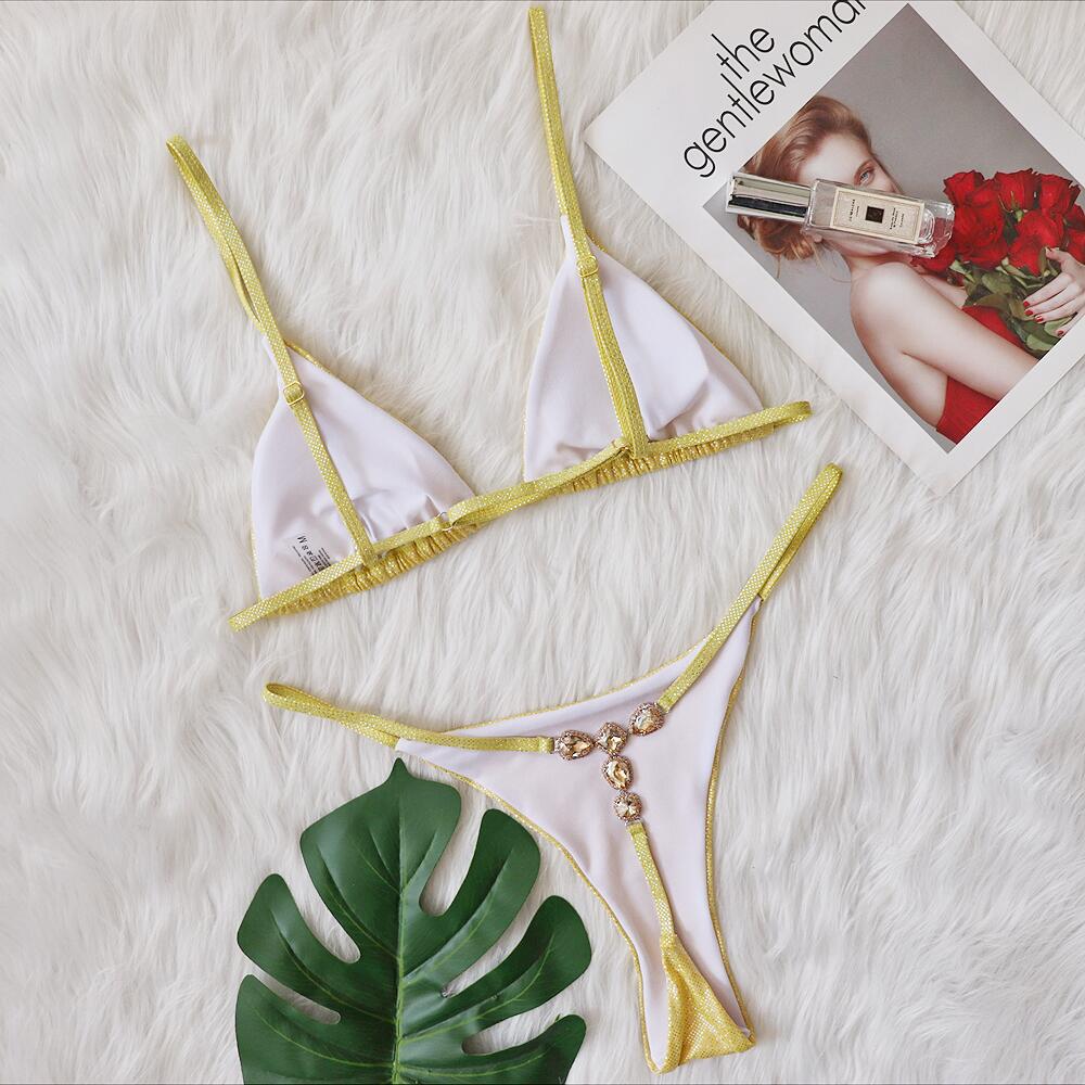 Bikini sexy de color sólido con diamantes de imitación a la moda para mujer