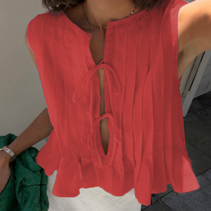 Spring And Summer Women Cotton Linen Lace-Up Blouse