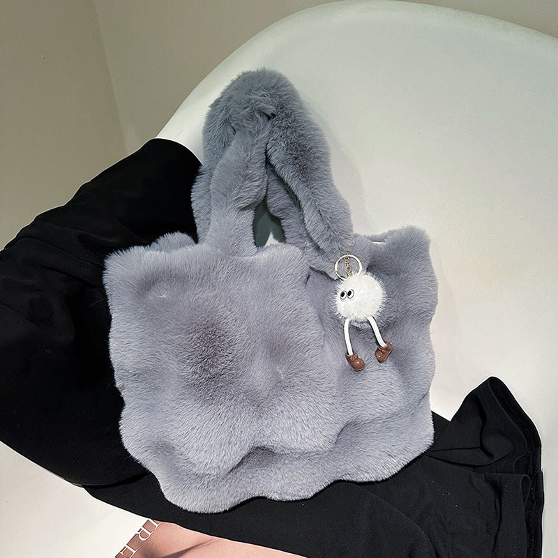 Women Fashion Casual Solid Color Plush Tote Bag