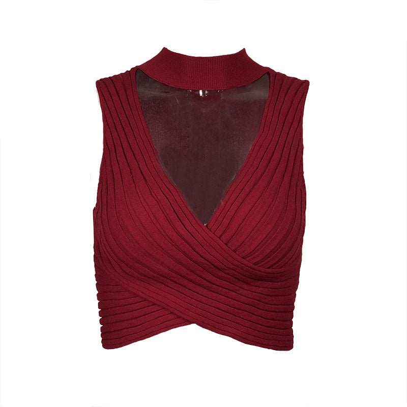 Top corto sexy de color sólido con cuello para mujer