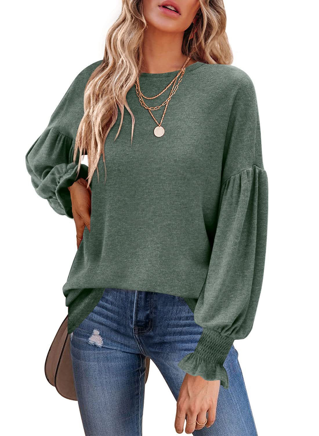 Women Fashion Casual Round Neck Lantern Sleeve Blank T-Shirt