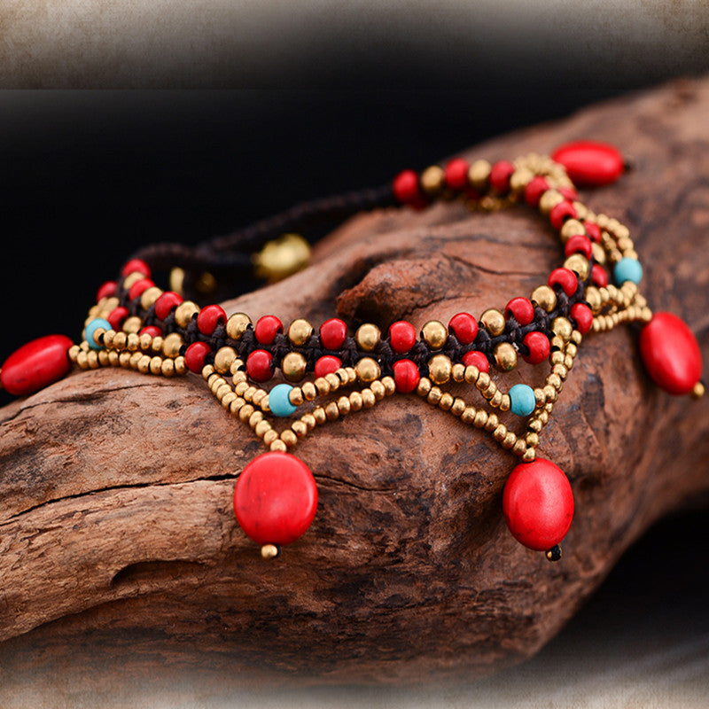 Tobillera bohemia con borlas trenzadas hechas a mano