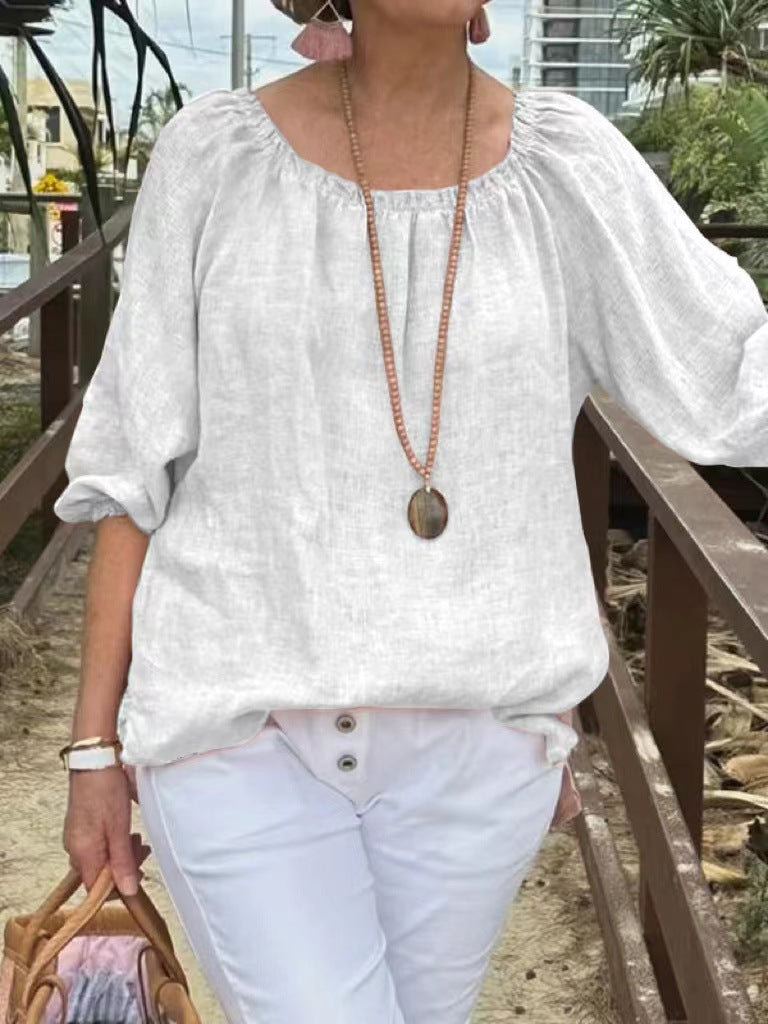 Top informal de lino y algodón con cuello redondo de color liso para mujer