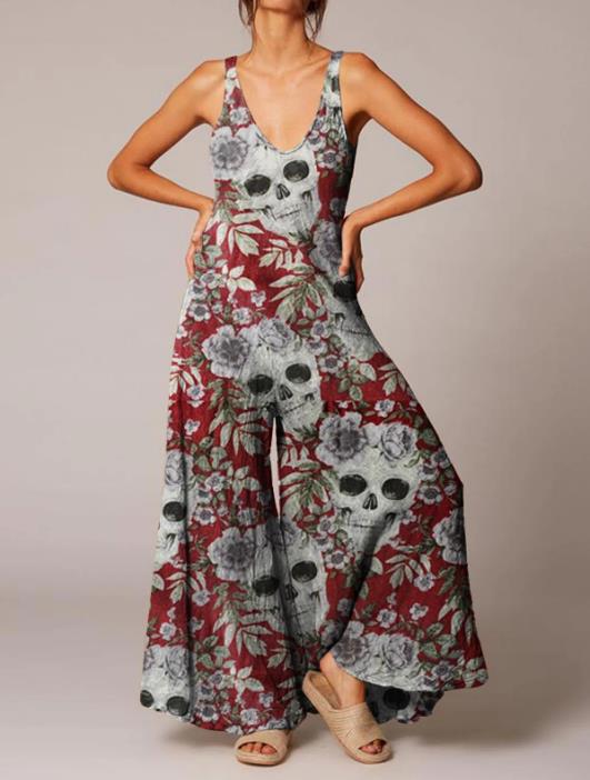 Combinaison vintage décontractée à imprimé tête de mort pour femme, style Halloween