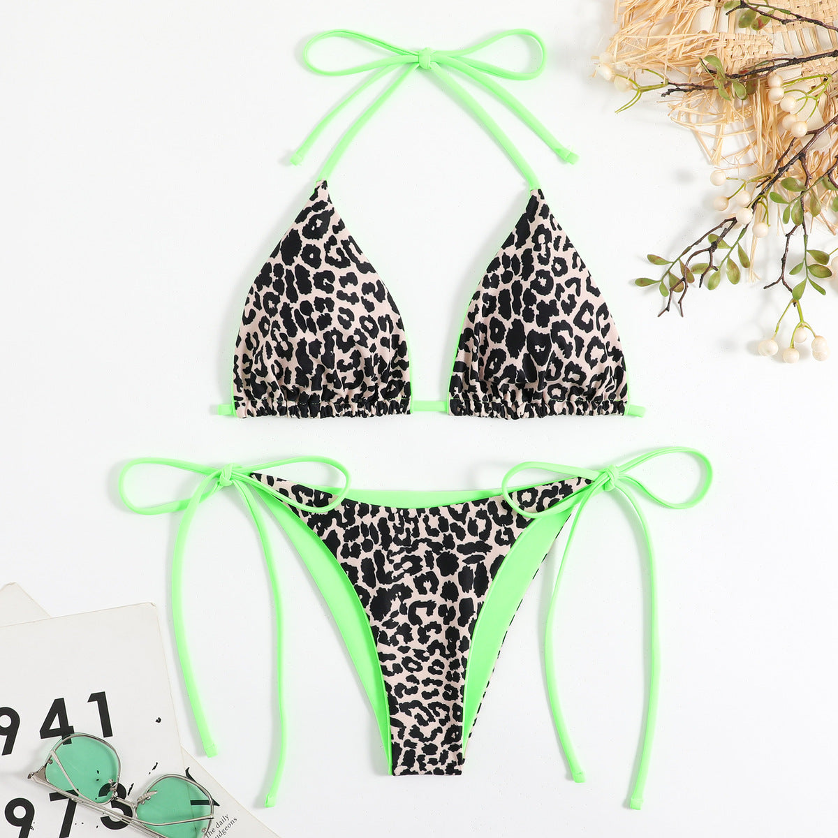 Traje de baño bikini sexy con cuello halter y estampado de leopardo para mujer