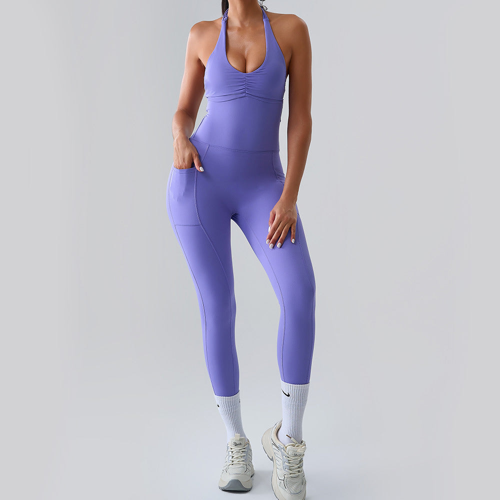 Women Fashion Sexy Solid Color Halter Neck Yoga Jumpsuit