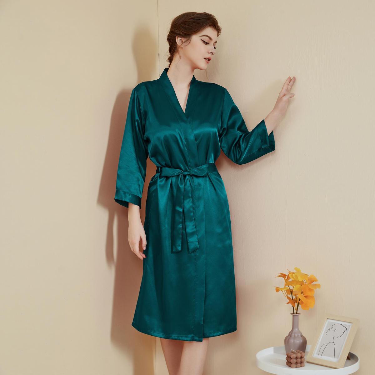 Women Fashion Satin Long Sleeve Lace-Up Pajamas Casual Loose Style
