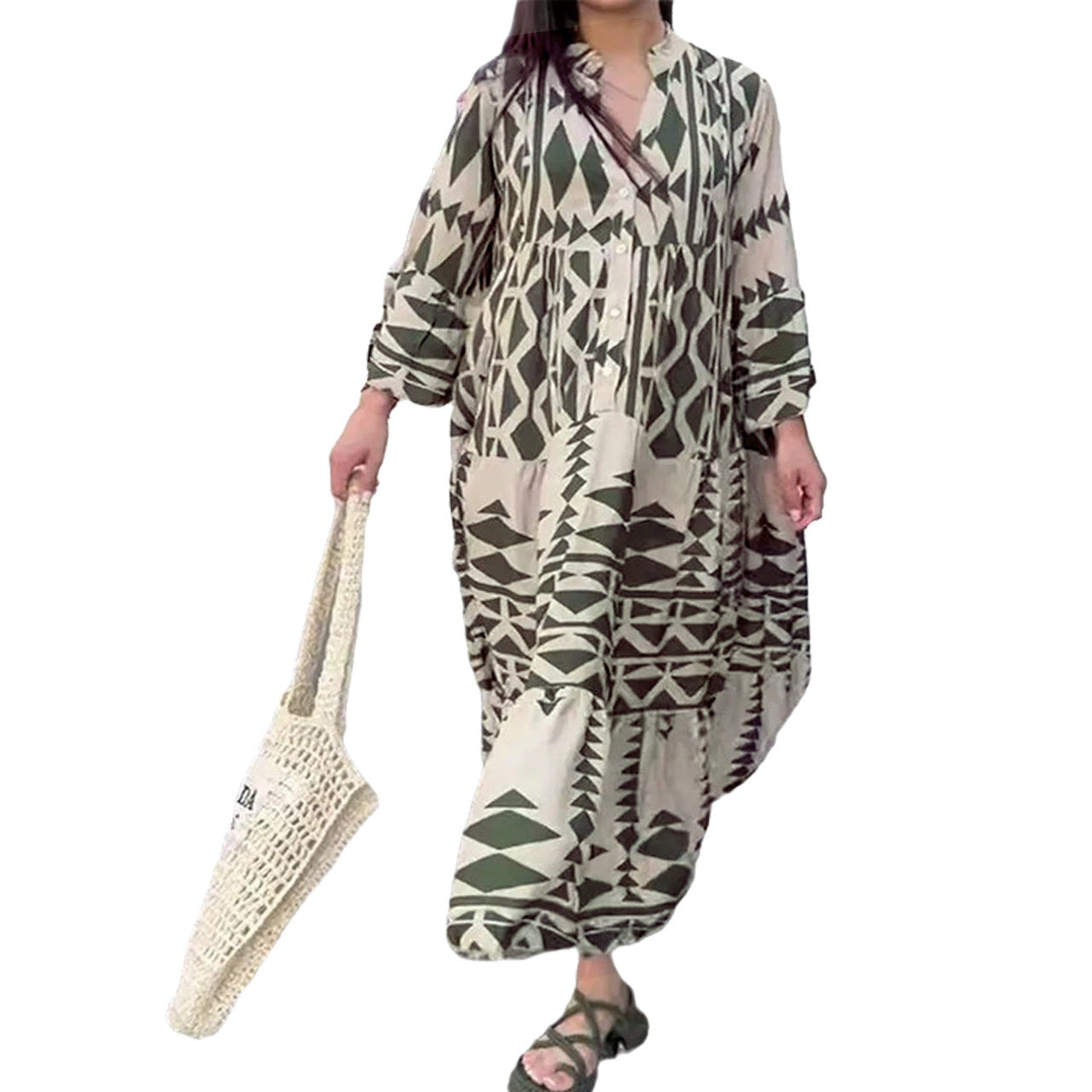 Women Casual Boho Geometry Print V Neck Single-Breasted Maxi Shirt Dress