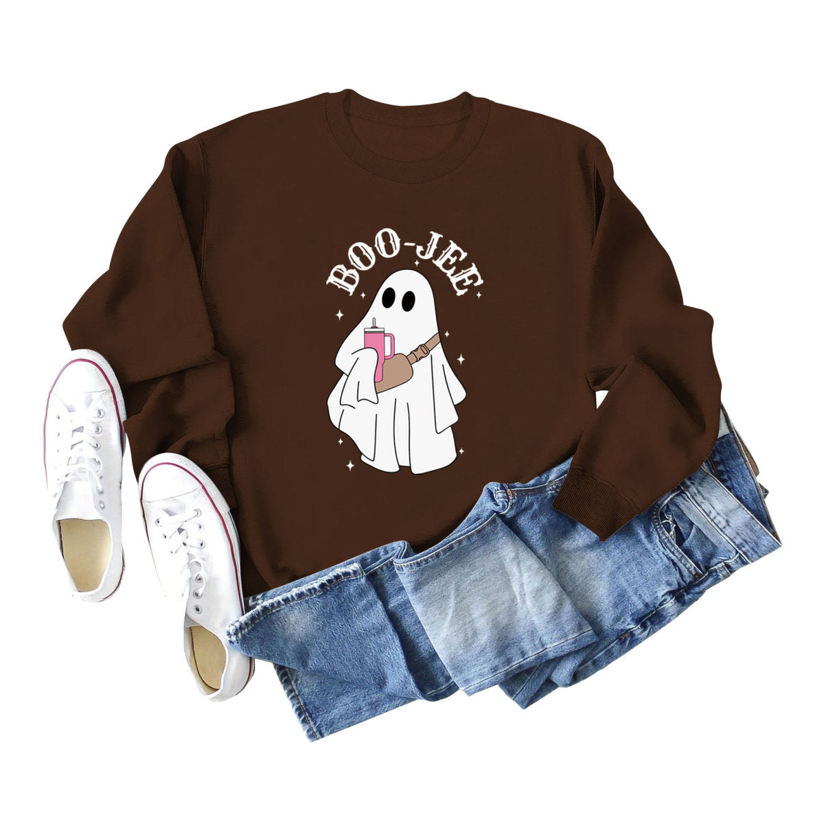 Sweat-shirt ras du cou imprimé fantôme de dessin animé pour femme Halloween