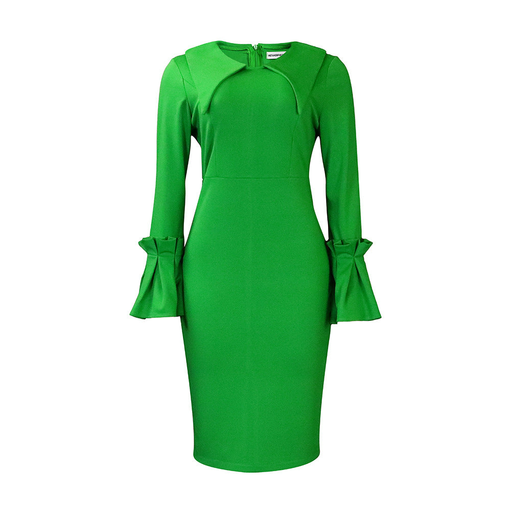 Women Fashion Elegant Solid Color Long Sleeve Dress