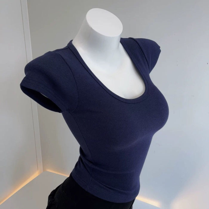 T-shirt slim à col en U pour femme, couleur unie, en mélange de polyester