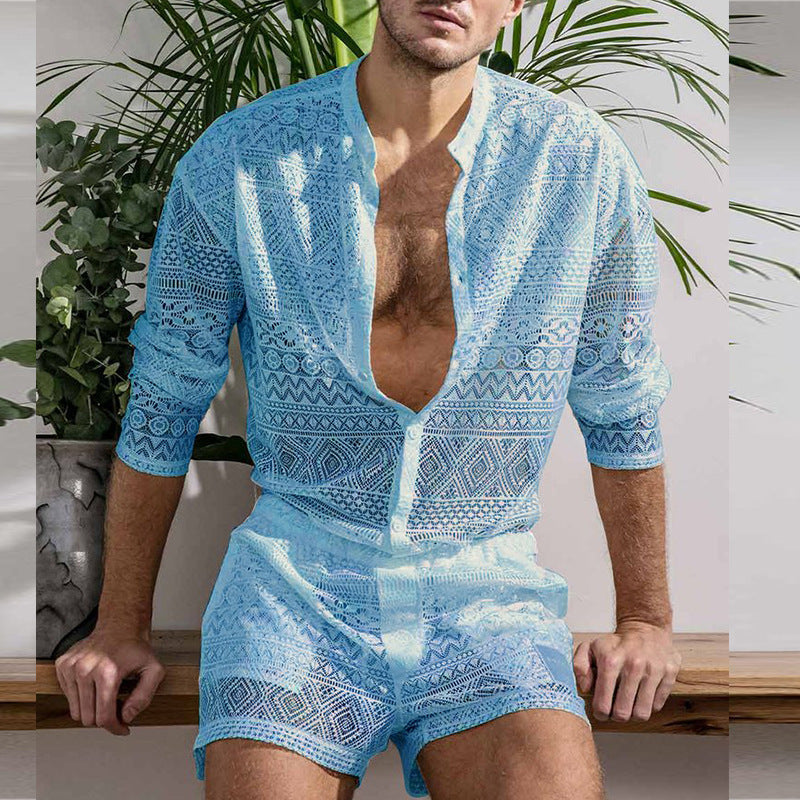 Ensemble deux pièces décontracté à manches longues et chemisier creux en coton pour homme