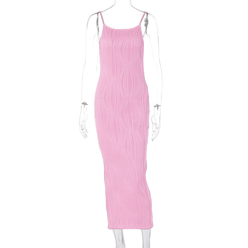 Women Fashion Sexy Solid Color Line Spaghetti Strap Dress