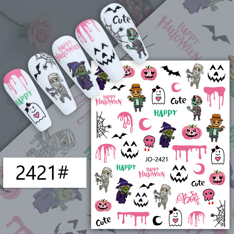 Autocollants pour ongles Halloween, motif crâne, citrouille, chat noir