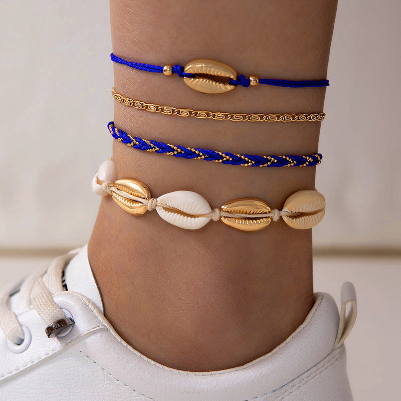 Conjunto de tobilleras tejidas con conchas marinas de estilo bohemio