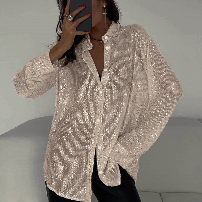 Blusa informal de manga larga con solapa y cuentas de color liso para mujer, de poliéster