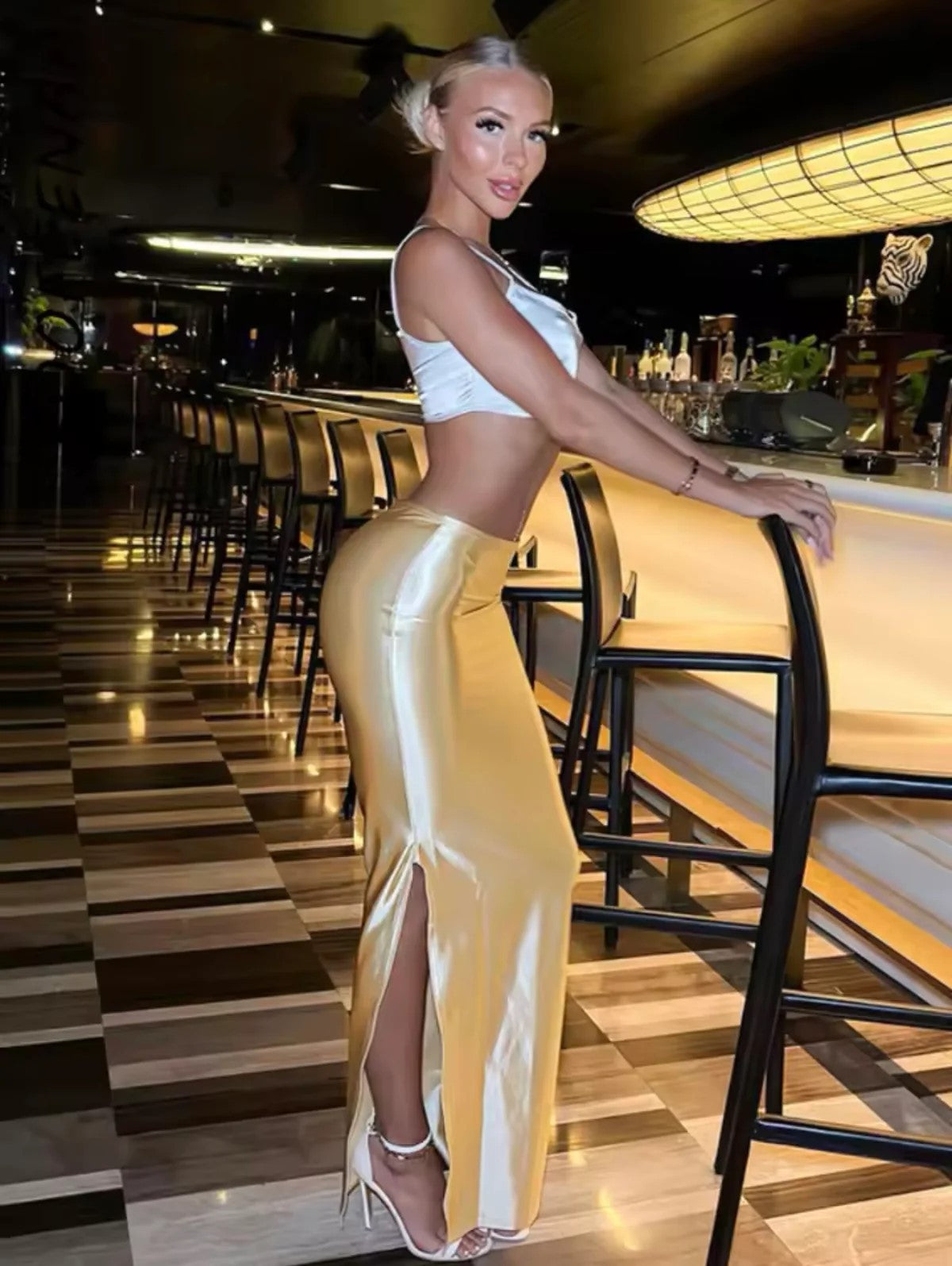 Women Summer Solid Color Satin Slim-Fit Skirt - High Waist Long Dress