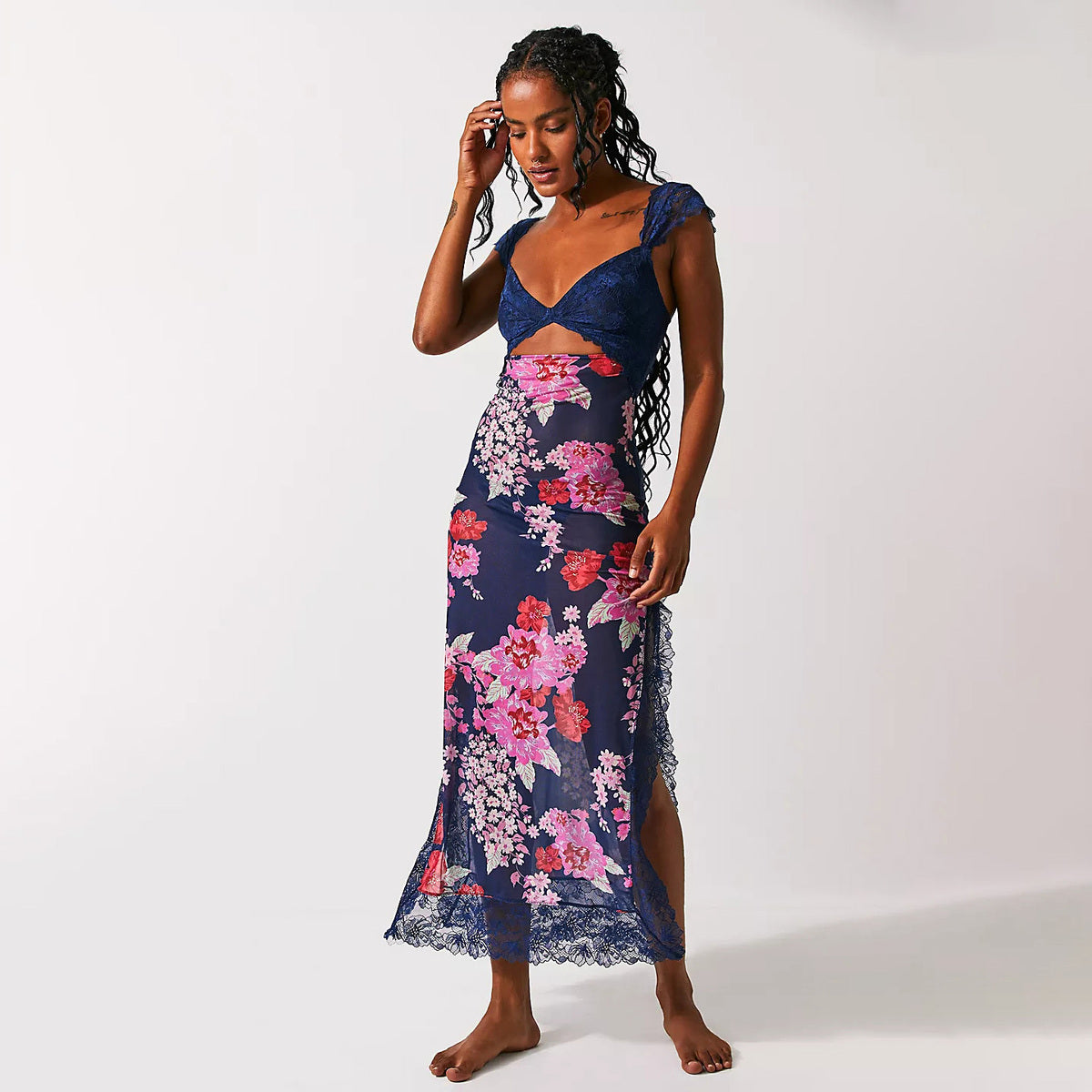 Vestido sexy de encaje calado sin mangas con abertura para mujer