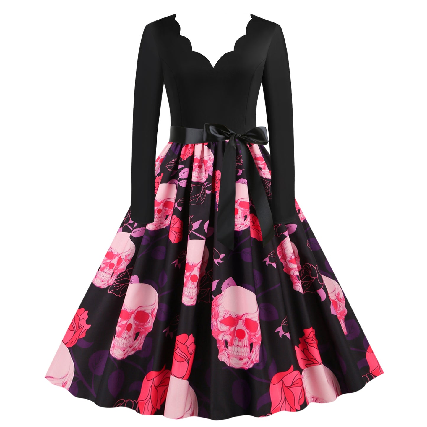 Vestido informal de Halloween con estampado de calavera y rosa para mujer