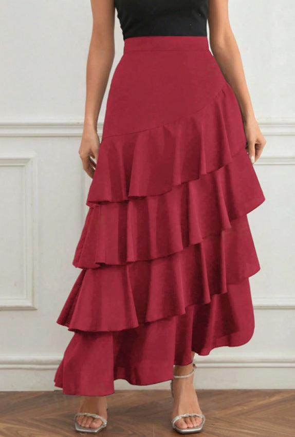Women Fashion Casual Solid Color Ruffled High Waist Skirt